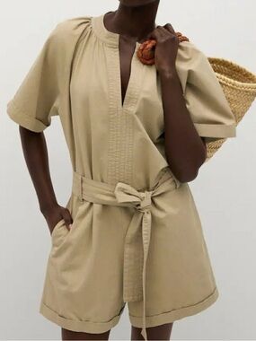 Mango MNG NEW Roli Belted Romper Cotton Utility Khaki Short Sleeve Womens XS